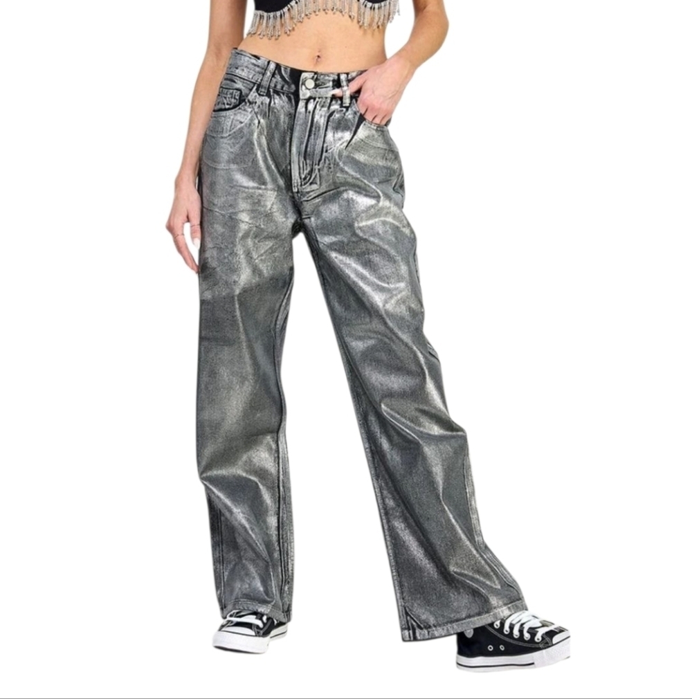 Miss Love The Metallic Jean Denim Wide Leg Pants Black Silver size Large